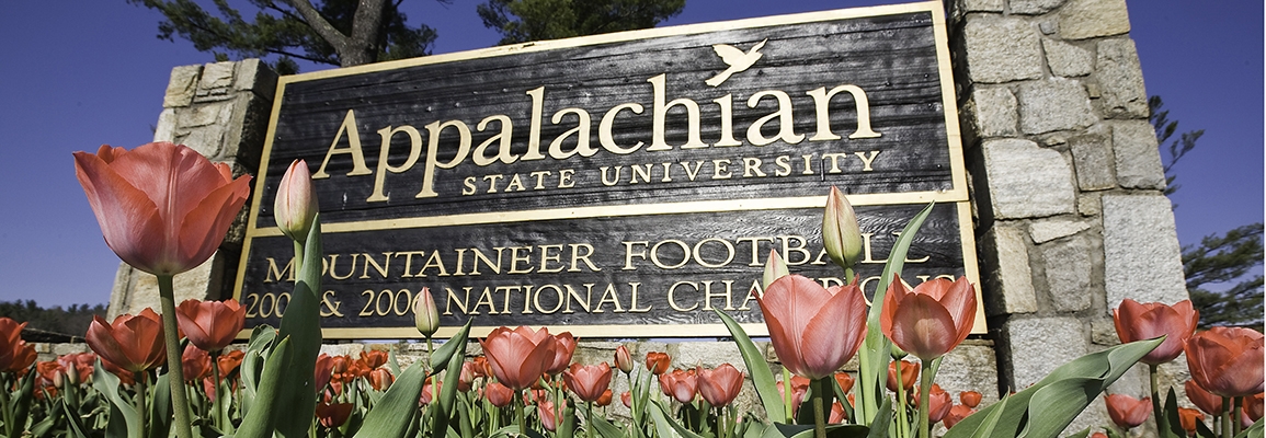 Appalachian State University sign with tulips